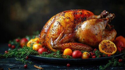 Roasted turkey garnished with herbs and fruits on a dark background, perfect for festive meals
