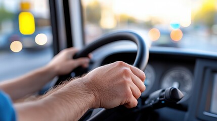 Driver engaged in steering a modern passenger bus on a city road