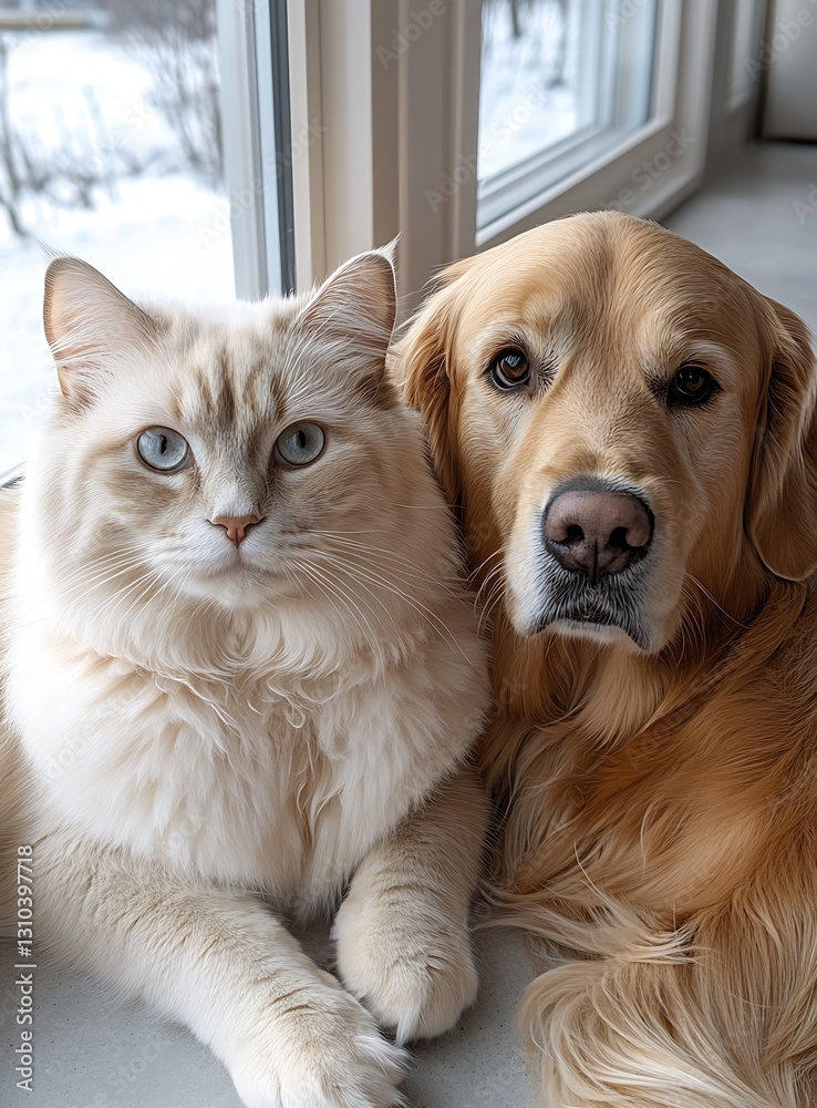 Poster adorable light colored cat and dog snuggled together by the window in a cozy indoor setting : genera