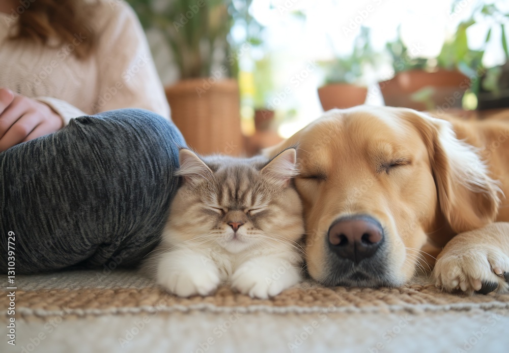 Poster beautiful moment of a cat and dog resting peacefully side by side in a sunlit indoor space surrounde