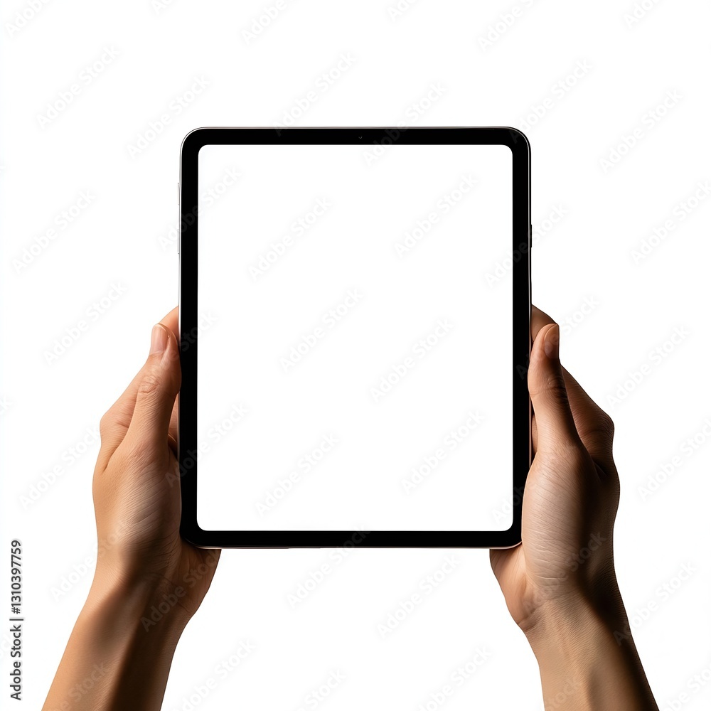 Poster hands holding a blank digital tablet ready for showcasing content against a clean white backdrop : g