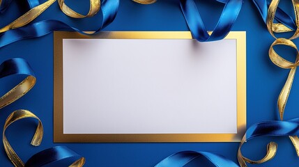 Elegant Blank White Card with Gold Border Framed by Swirling Blue and Gold Ribbons on a Rich Blue Background