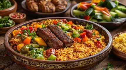 Aromatic Middle Eastern Rice Dish with Grilled Meat and Colorful Vegetables, Served in a Decorative Bowl on a Wooden Table