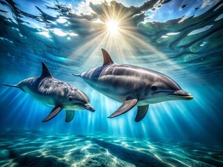 Obraz premium Dolphins Swimming in Textured Blue Ocean Water - High-Resolution Stock Photo