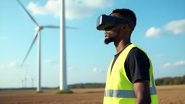 A man wearing a virtual reality headset and a high-visibility vest stands in a field with wind turbines in the background.