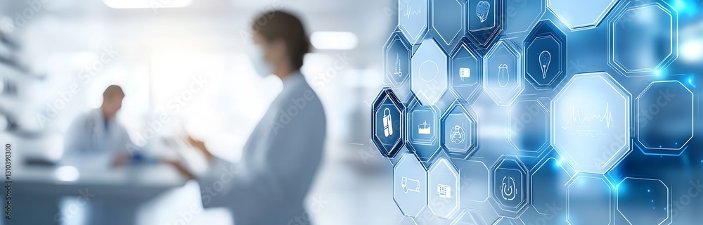 Poster Advanced medical setting with healthcare professional analyzing data and digital screens showing health metrics : Generative AI
