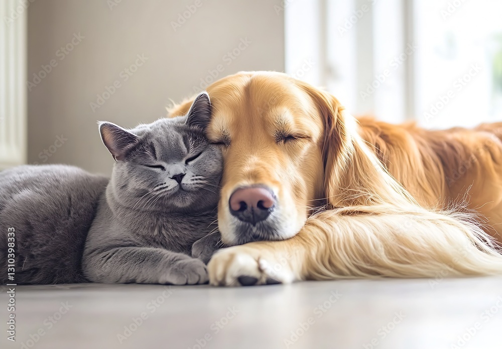 Poster lovely grey cat and golden retriever snuggling together in a prince charming indoor setting : genera