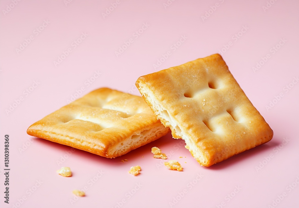Poster Crispy golden crackers broken apart on a soft pink background highlighting their texture : Generative AI