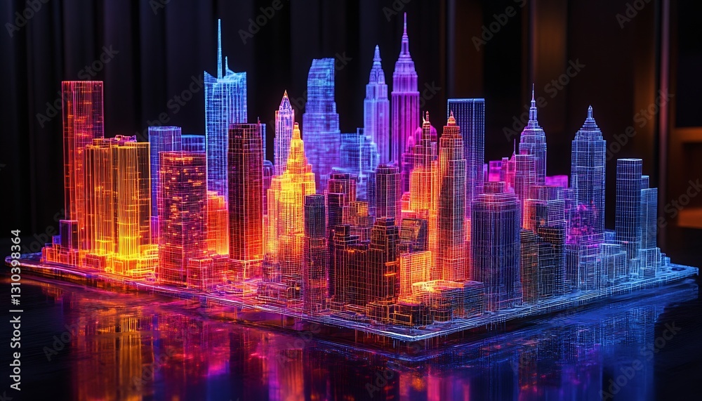 Poster vibrant neon cityscape model lighting up with colorful illumination and modern style : generative ai