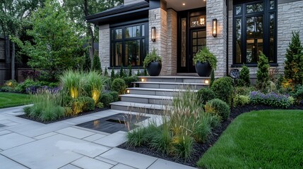 A beautifully designed front yard with lush greenery and modern stone steps.