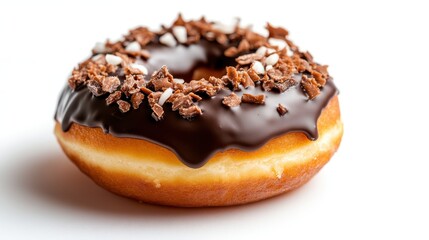 Decadent chocolate glazed donut adorned with crunchy toppings
