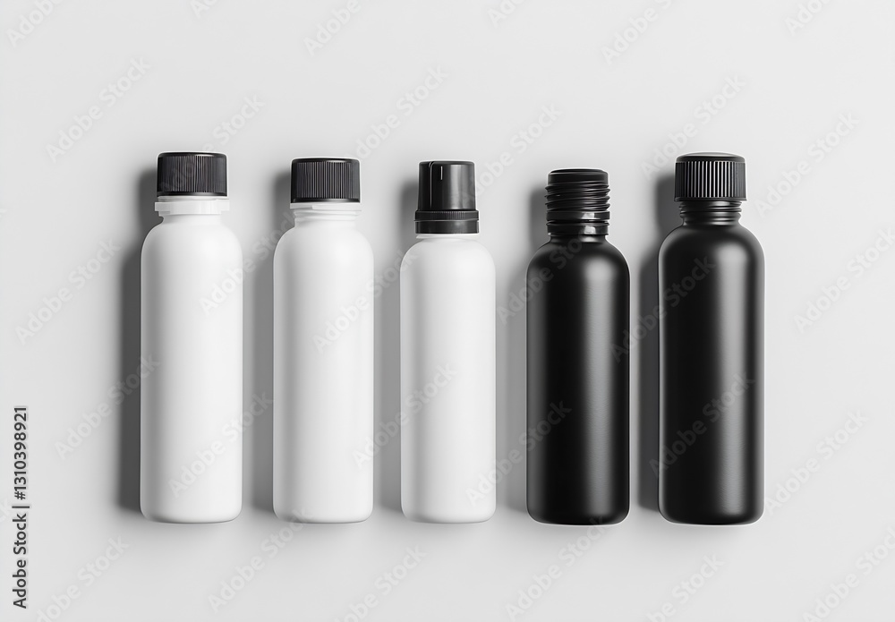 Poster collection of various black and white bottles with caps arranged in an artistic fashion for product 