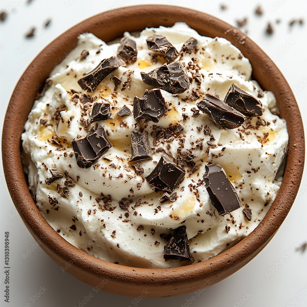 Poster delicious creamy dessert topped with chocolate shavings in a rustic bowl reflecting appetizing indul
