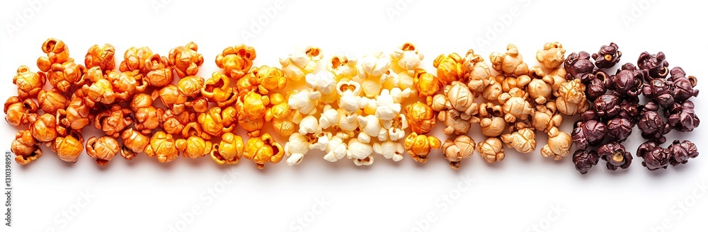 Poster Colorful array of gourmet popcorn featuring a variety of flavors arranged in a delightful line on a clean white canvas : Generative AI