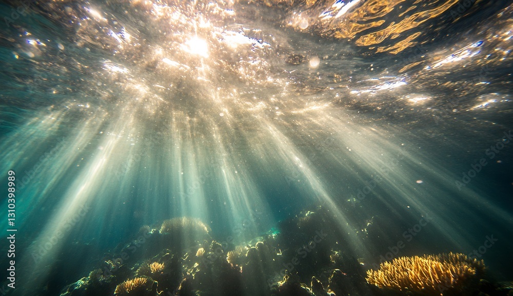 Poster Stunning Underwater Light Rays Shining Through Water Creating an Ethereal Atmosphere : Generative AI
