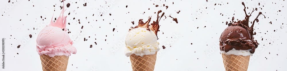 Poster mouthwatering assortment of colorful ice cream cones with flavors splashing into the air for a fun t