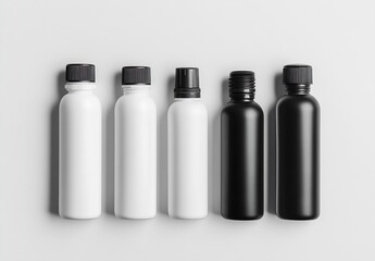 Collection of various black and white bottles with caps arranged in an artistic fashion for product displays : Generative AI
