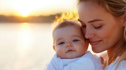 Tired mother embraces her baby in gentle sunset light by the water