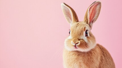 Photo of a little bunny, on a soft pink background Easter theme