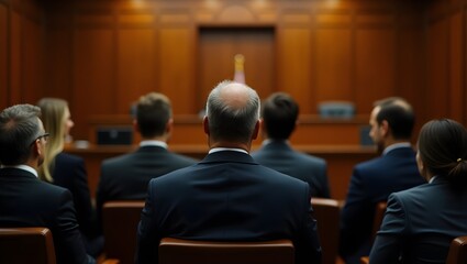 Photograph of a courtroom scene, taken from the back of the room, showing a row of people seated in wooden chairs, facing a judge's bench.