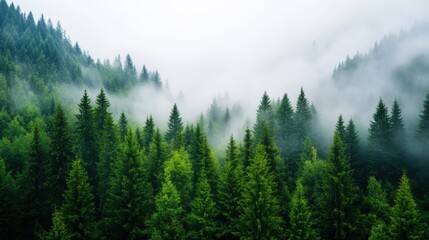 Obraz premium Misty valleys cradle fir forests in a timeless retro atmosphere