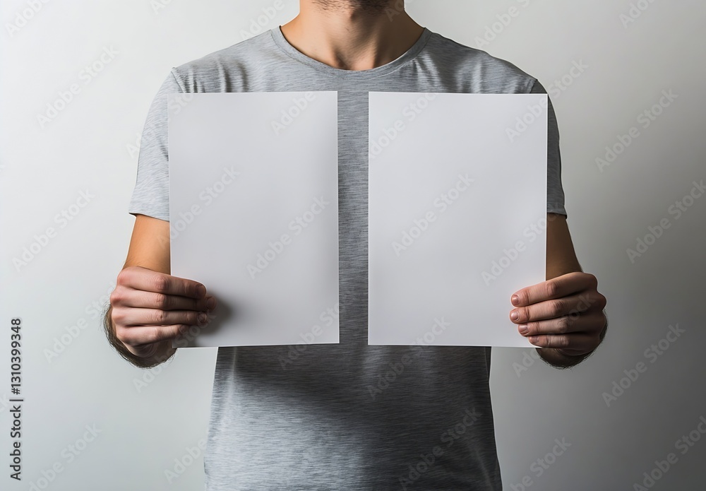 Aufkleber person holding two blank white sheets of paper against a neutral background for versatility in desig