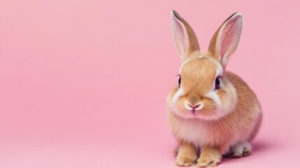 Obraz premium Photo of a little bunny, on a soft pink background Easter theme