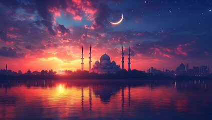 Naklejka premium Silhouetted Mosque at Sunset with Crescent Moon and Water Reflection