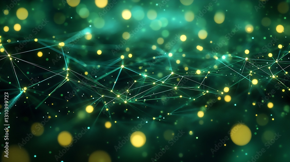Poster Abstract digital network illustration featuring luminous connections and glowing particles on a green background : Generative AI