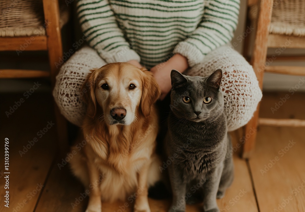 Poster charming duo of a golden retriever and a gray cat sitting together showcasing friendship and warmth 