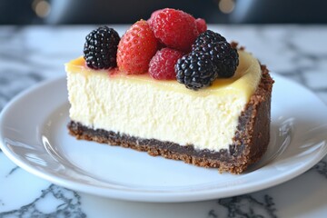 Delicious Cheesecake Slice Topped with Fresh Raspberries and Blackberries on a Marble Table Surface