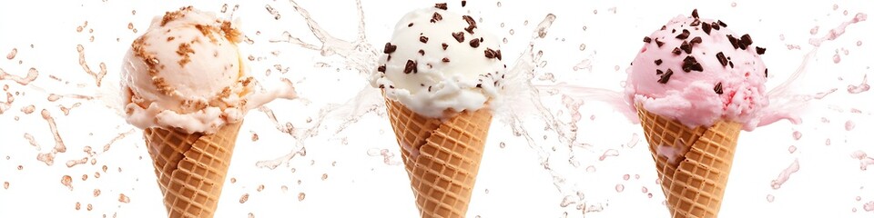 Refreshing Ice Cream Cones with Playful Splashes of Colorful Sauces for a Summer Delight : Generative AI