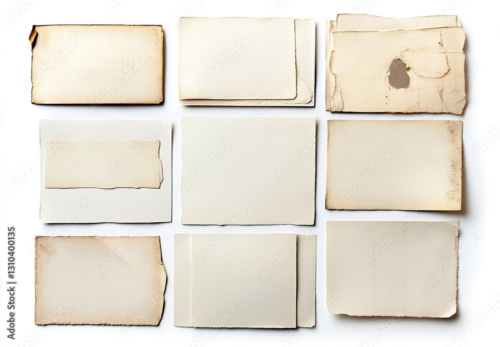 Poster old vintage blank papers stacked together in a neat arrangement on white : generative ai