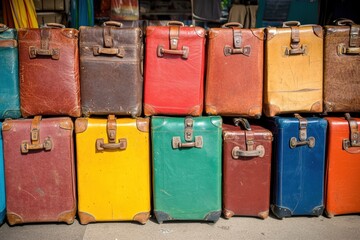 Colorful Vintage Luggage Stacked Together, Showcasing Diverse Shapes and Textures of Old Suitcases in a Bright Marketplace Setting