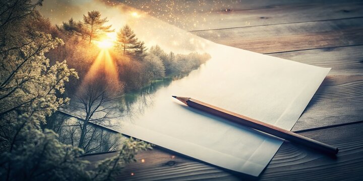 Double Exposure: Blank Paper, Pencil & Abstract Shapes - Creative Writing Concept Stock Photo