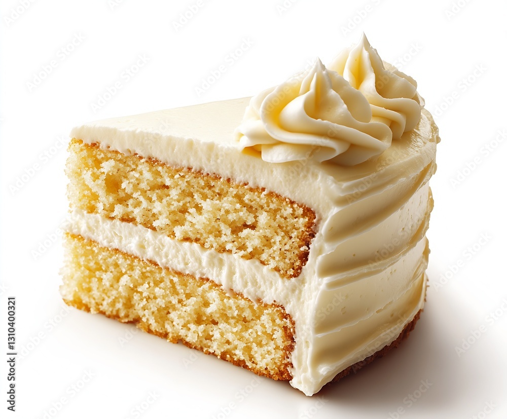 Poster delicious slice of creamy vanilla cake decorated with swirls of frosting on white background : gener