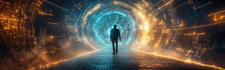 Man Walking Through a Time Portal with Glowing Clock