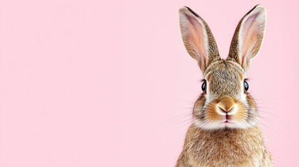 Obraz premium Photo of a little bunny, on a soft pink background Easter theme