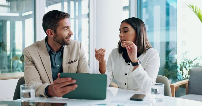 Collaboration, conversation and tablet with business people in boardroom together for planning or research. Administration, meeting or technology with man and woman employee in office for teamwork