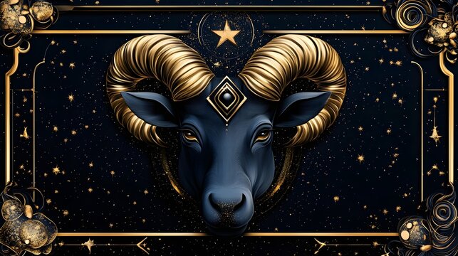 Majestic ram surrounded by a golden frame in a stunning zodiac-themed digital artwork with astrological elements