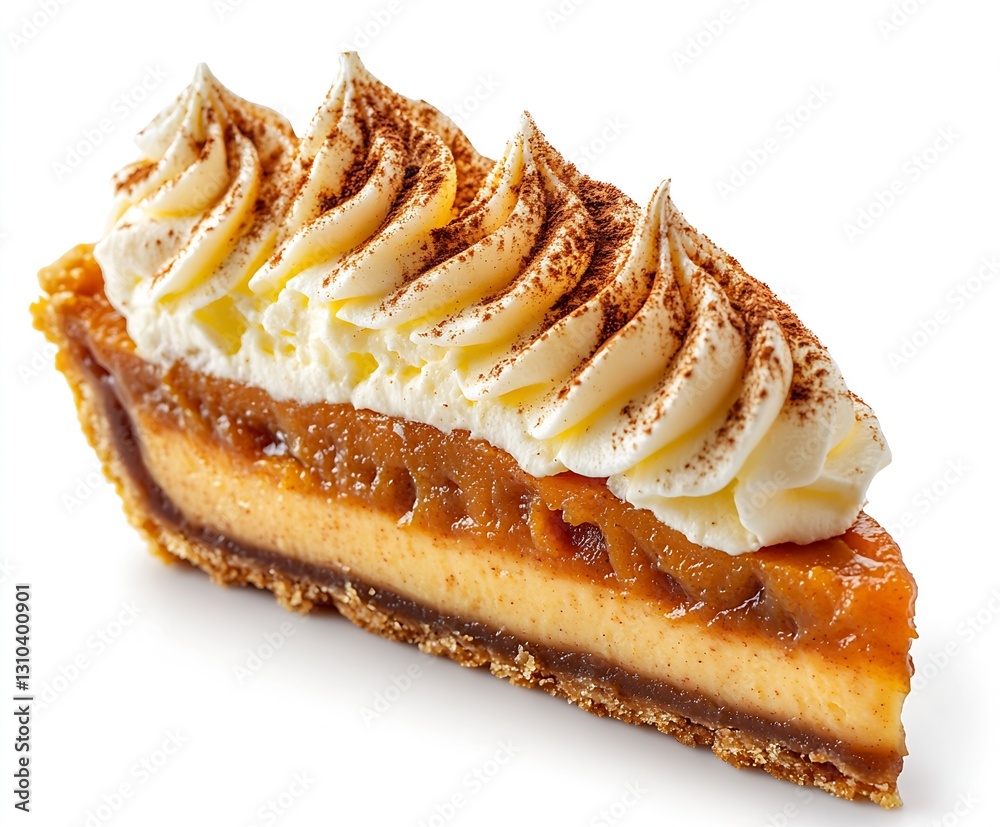 Poster delicious slice of creamy cheesecake topped with whipped cream and cocoa powder on a white backgroun