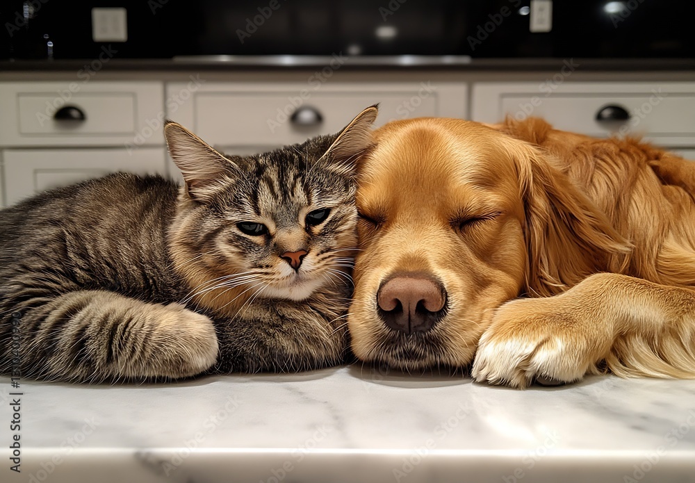 Poster adorable cat and golden retriever sleeping together on a kitchen counter in a cozy home setting : ge