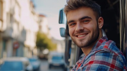 Happy Smiling Young Man Portrait Outdoors City Background Casual Plaid Shirt Attractive Male Model Urban Lifestyle Photography Happy Expression       