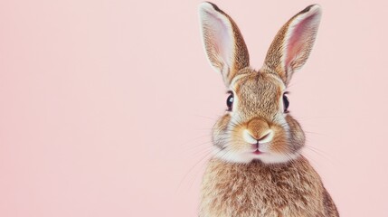 Fototapeta premium Photo of a little bunny, on a soft pink background Easter theme