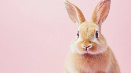 Photo of a little bunny, on a soft pink background Easter theme