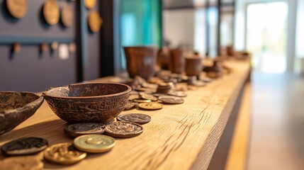 Ancient artifacts displayed on wooden table