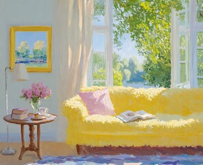 An impressionist-style oil painting of a cozy room with a yellow sofa in natural light