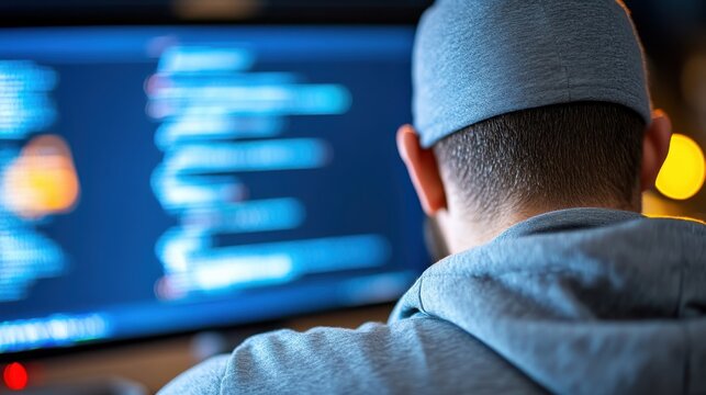 Focused hacker working late at a computer in a dark room