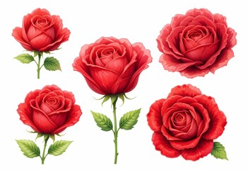 A set of different red roses, children's book illustration style, on a white background.
