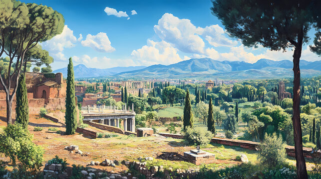 Rome, italy - january view of the aniene valley from hadrian's villa (villa adriana; villa hadriana) villa of emperor hadrian near tivoli outside. Arcadian - Countryside. Illustration
